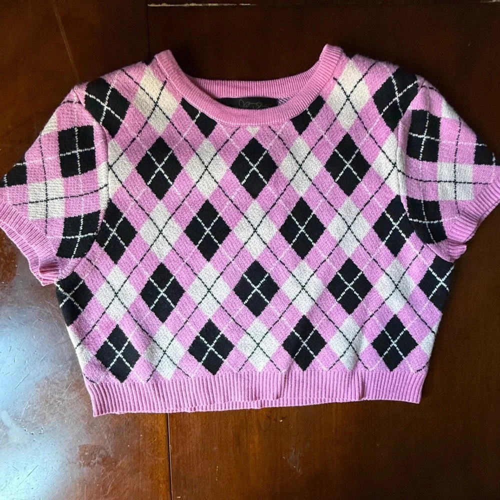 Coco and Shay Pink Argyle Knit Crop Top and Mini Skirt Set JT4776-SET Womens M